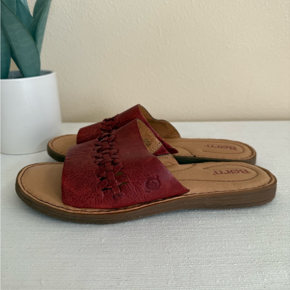 Born Burgundy Leather Woven Slide Sandals - Picture 5 of 13